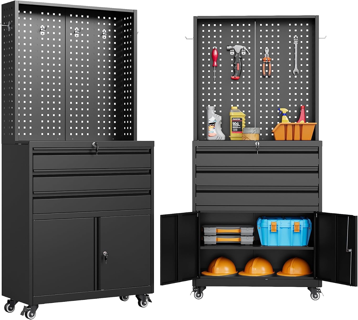 Workshop Tools Shelf - 71x31.5x15.8 Siyah Tekerlekli Metal Saklama Dolabı,
